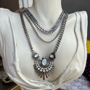 Silvertone Statement Necklace with Opalescent Accents